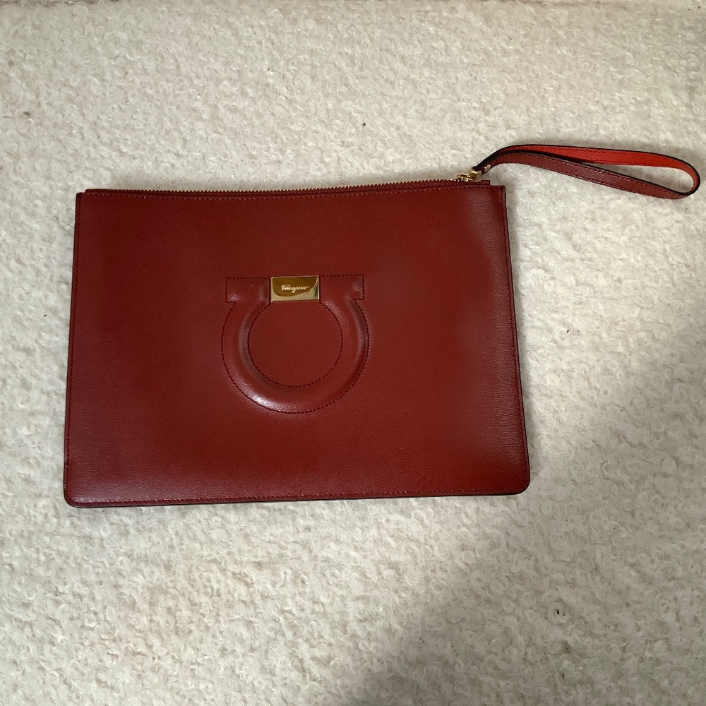 Tan leather Ferragamo envelope clutch